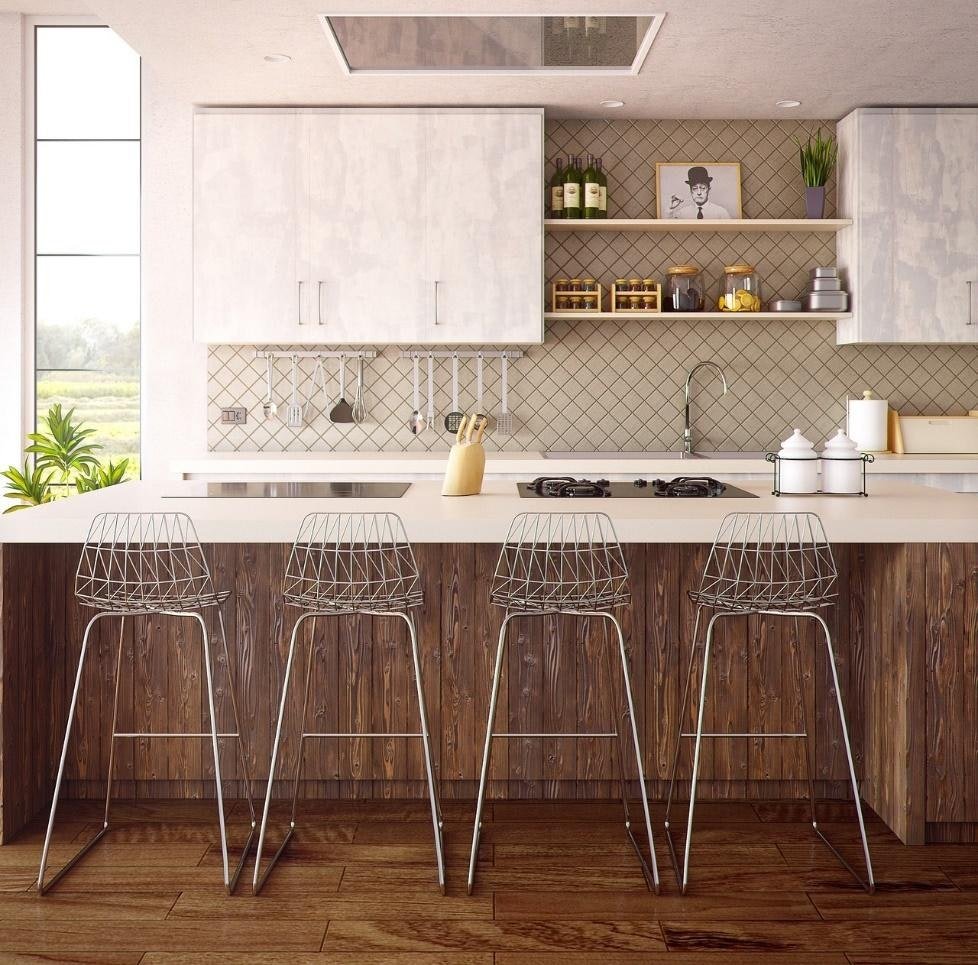 Kitchen with pale cabinets, a patterned tile backsplash, open shelves, and a dark wood island