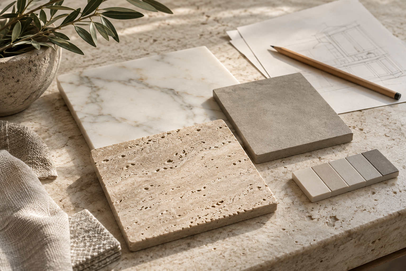 Marble, travertine, porcelain, and grout samples on a stone worktable
