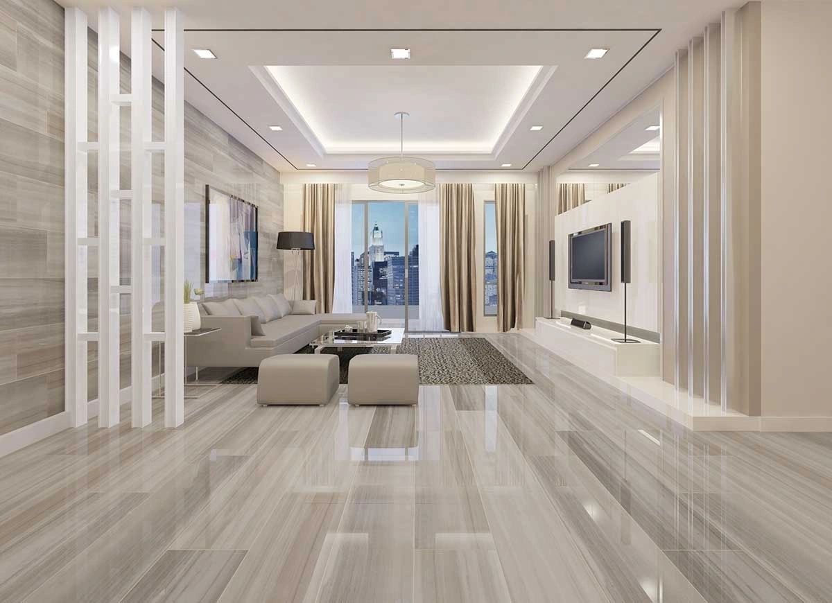 Light stone-effect flooring in a bright entrance hall
